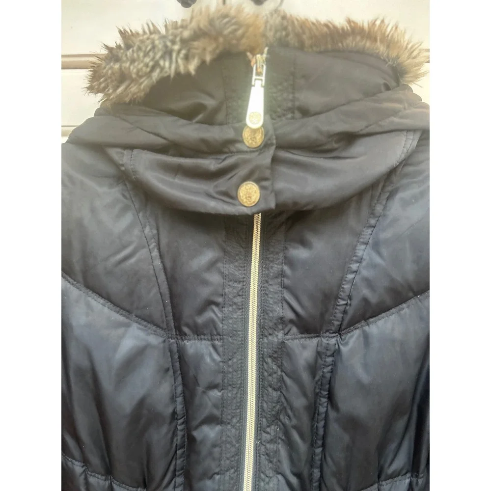Vince Camuto Women's Black Belted Faux Fur Hooded Down Puffer‎ Coat Size M